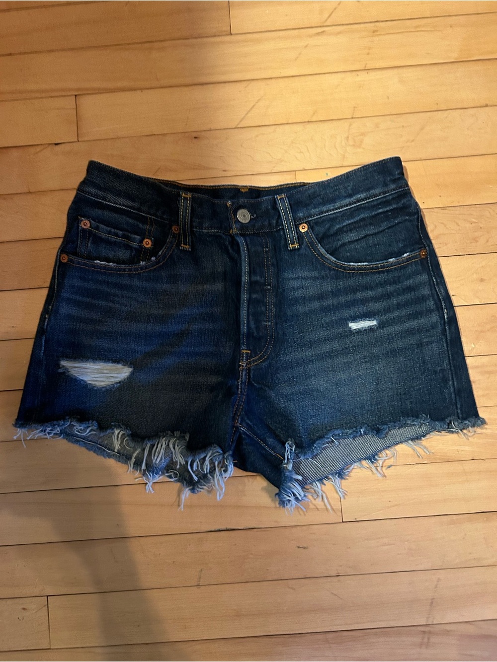 Levi 501- Women's Dark Blue Distressed Denim Shorts